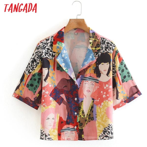 

tangada women retro print chiffon shirt summer blouse loose short sleeve chic female xn517, White