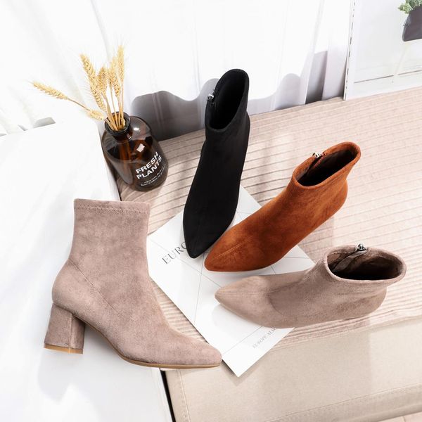 

2019 winter woman boots square high heels 6cm pointed toe solid flock zipper boots women rubber western motorcycle, Black