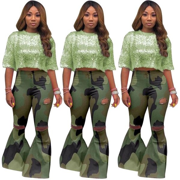 

green camouflage holes fashionable women flare pants high waist skinny bootcut casual trousers full length long pants, Black;white