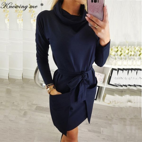 

knowing me women turtleneck irregular pockets dress elegant casual autumn mini dresses winter solid party sashes dress vestidos, Black;gray