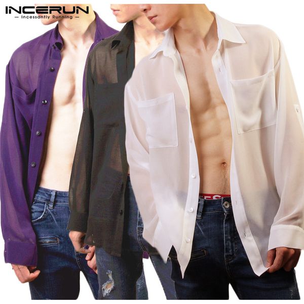 

2020 summer men see through shirts casual long sleeve lapel shirt man mesh button up thin blouse breathable party nightclub, White;black