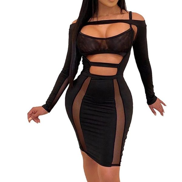 

female long sleeve women dress women fashion lady elegant nightclub hollowing out long sleeve dress party 2020, Black;gray