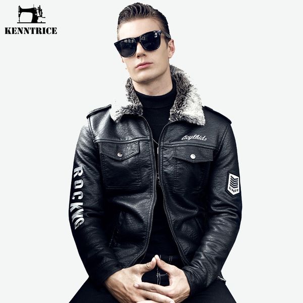 

kenntrice classic warm faux fur collar male winter thick embroidery leather jacket fur coat men plus size 4xl, Black