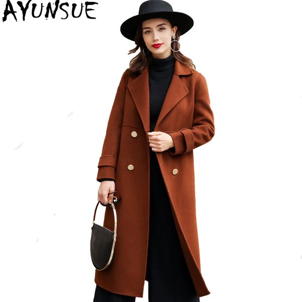 

ayunsue 100% wool coat female jacket 2019 winter jacket women double side woolen coats korean long jackets chaqueta mujer my3981, Black