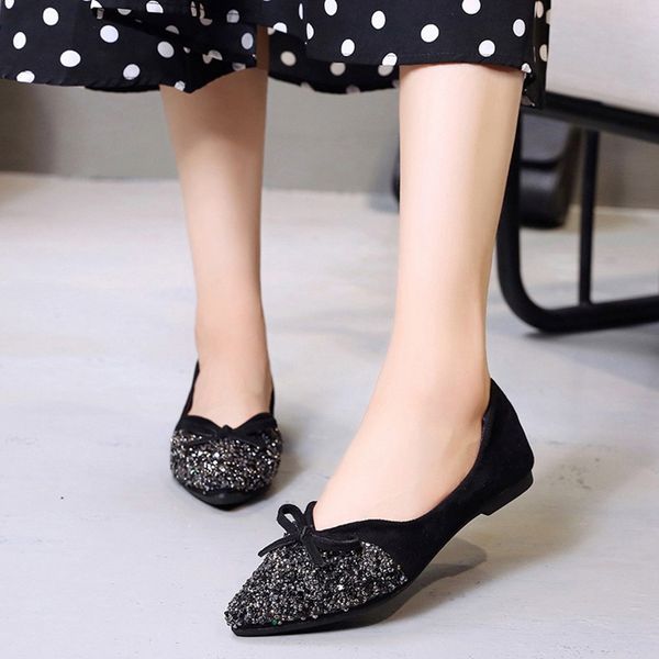 

2019 new crystal bling bowknot single shoes for woman office lady shallow flat pointed toeÂ single shoes zapatos mujer tacon, Black