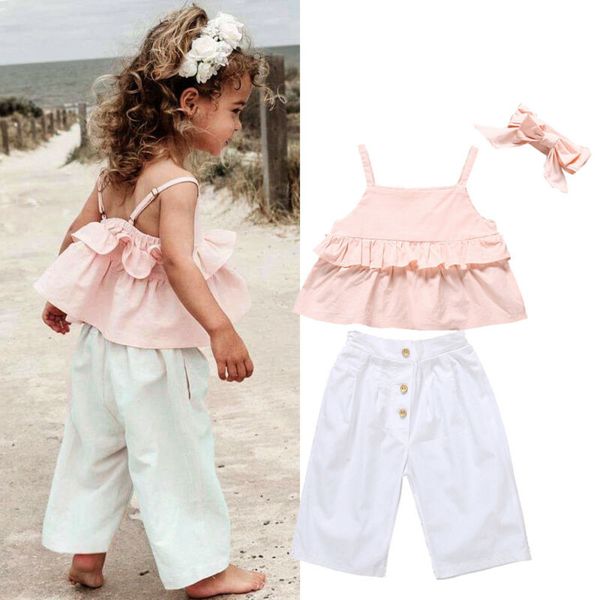 

3pcs toddler kids baby girl ruffle sling pants leggings outfit sunsuit 1-6y, White