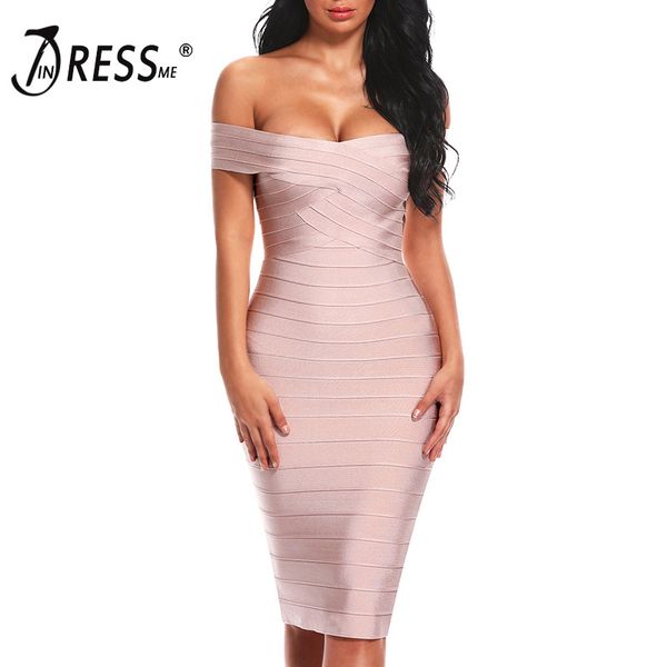 

indressme off shoulder women bandage dress elegant slash neck knee length bodycon backless party dress vestidos 2019 new, Black;gray