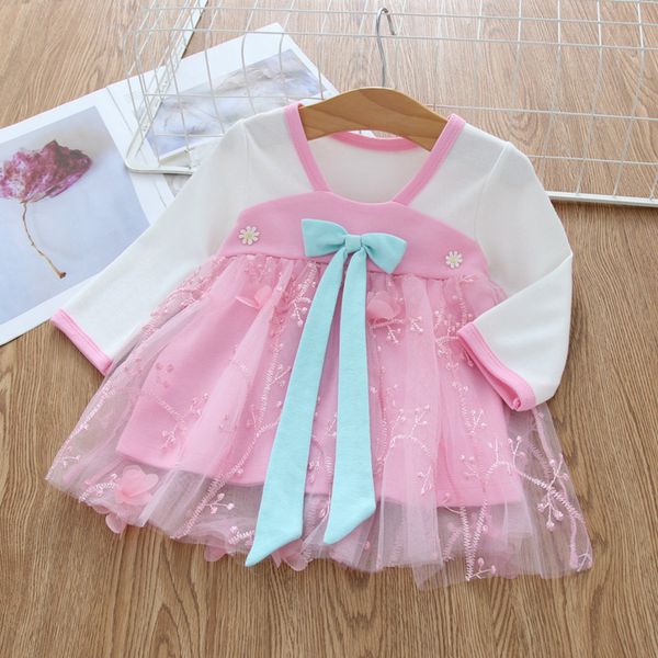 

INS Girl Dress Bow Mesh Embroideried for Autumn style Bud Silk Long Sleeve Dress Princess Skirt Infant Skirt