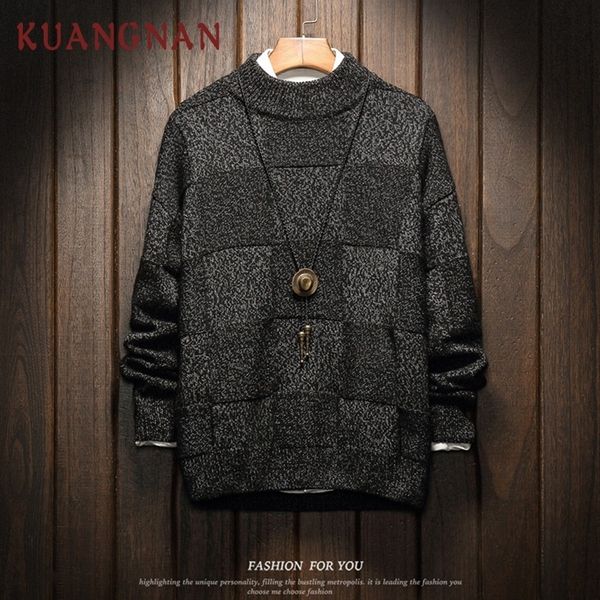 KUANGNAN Sólido A Cuadros De Punto Jersey De Invierno Hombres Suéter Hombre Grueso Cálido Pull Hombres Suéter Abrigo Invierno Para Hombre Suéteres 2018 Otoño SH190930