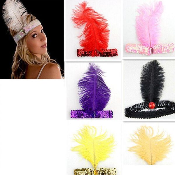 Fascia per capelli Flapper con piume di struzzo Anni '20 Fascia per capelli Flapper Anni '20 Copricapo da showgirl con paillettes Grande fascia Gatsby con