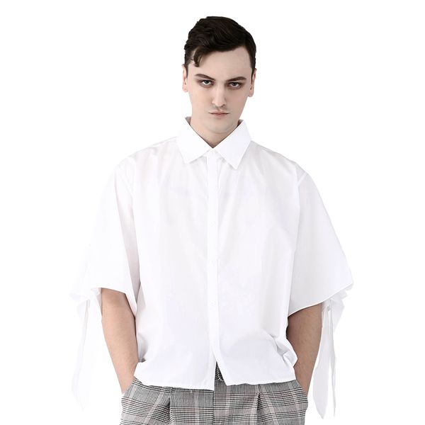 

punk white smart casual shirts for men half sleeve of two straps cotton formal blouse summer solid, White;black