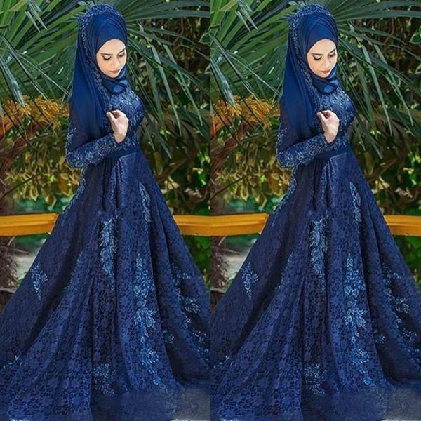 Marinho azul muçulmano vestidos de mangas compridas lace applique varredura trem vestidos de noite formal plus size robes de soirée