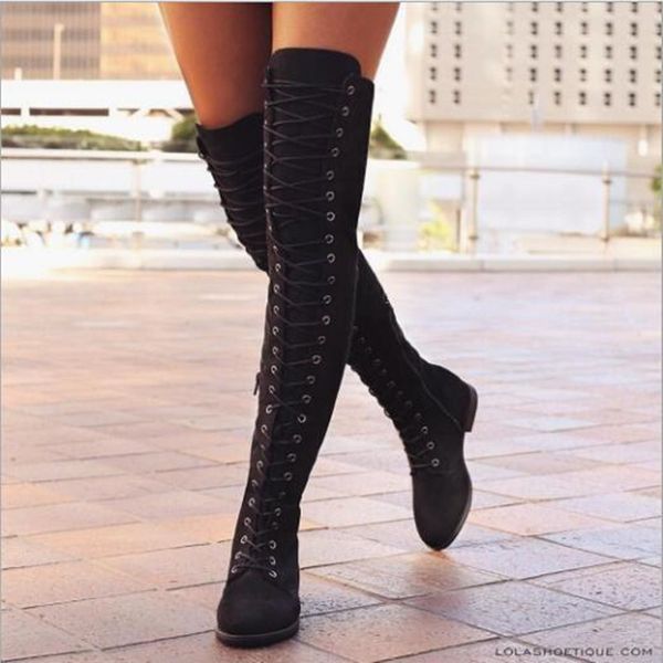 lace up over knee boots women boots ladies shoes woman square heel rubber flock snow botas 2018 winter overknee, Black