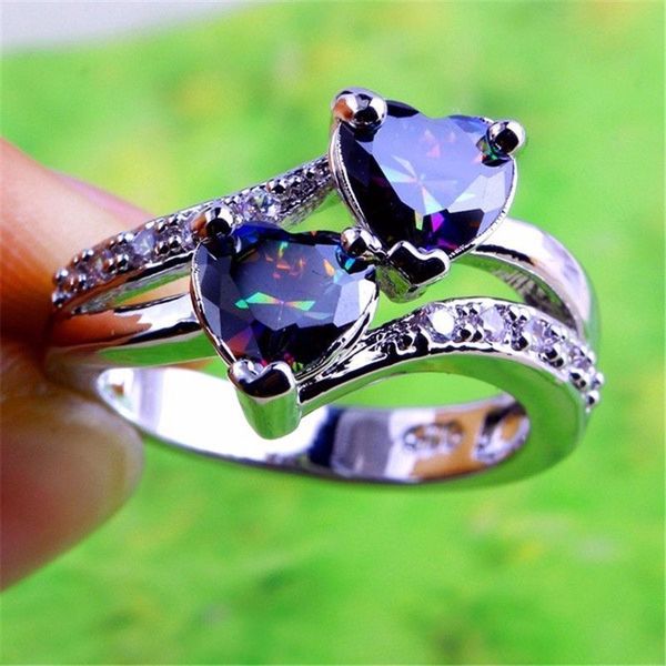 

popular rhinestone crystal zircon double peach beloved heart ring woman, Silver