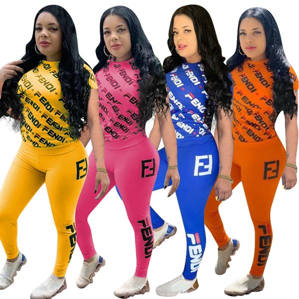 

F Letter Спортивные Костюмы Женщины Письмо Печатный Футболка С Коротким Рукавом Брюки 2 шт. / Компл. Топ Тройка Леггинсы Летние Костюмы Спортивная Одежда OOA6695