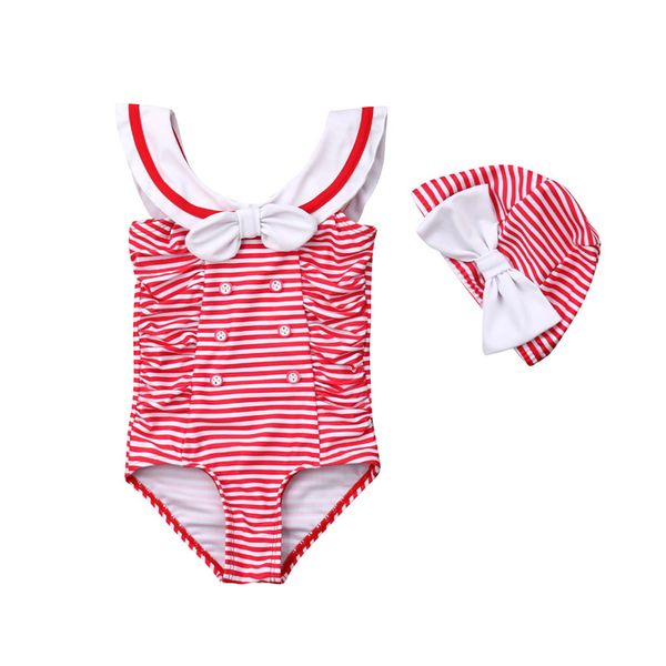 

2019 newborn baby girls striped one piece bikini+bow hats cap swimwear swimsuit summer bathing beach swimming cute princess