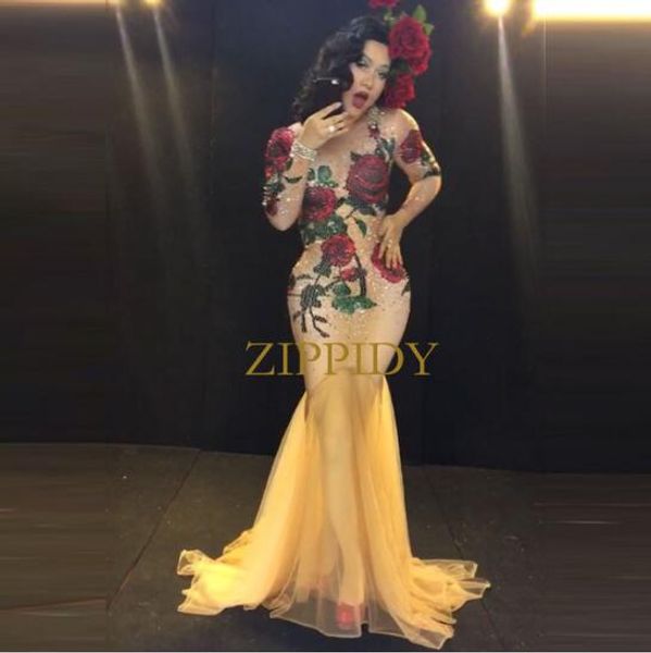 

multicolor stones rose flowers long dress red green rhinestones stage wear nude stretch dress bar female singer evening outfit, Black;red