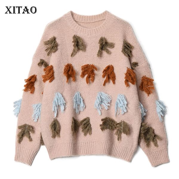 

xitao knitted tassel sweater korea fashion new 2019 autumn pullover elegant small fresh patchwork minority loose sweater zll4344, White;black