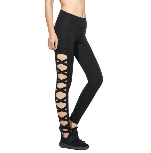 Moda-2018 Ultimi leggings da donna incrociati Activewear Leggings sexy con taglio nero a vita alta Legging fitness vuoto America Ordine