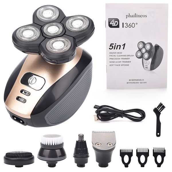 

5 in 1 4d men's rechargeable bald head electric shaver 5 floating heads beard nose ear hair trimmer razor clipper facial brush