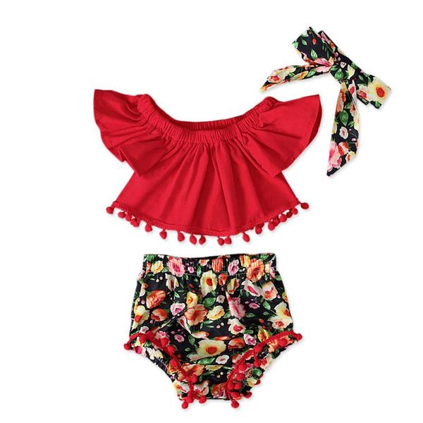 

toddler kid baby girl sleeve tassels +print shorts+hairband outfits sets children's suit casual seaside clothes #gm, White