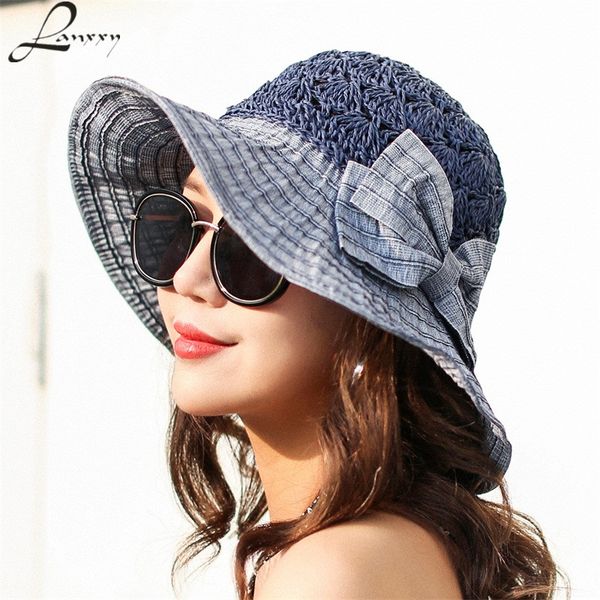 

lanxxy 2018 new fashion straw patch summer hat women beach sun hats bow wide brim caps ladies headwear, Blue;gray