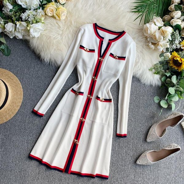 

contrast colour striped knitted women mini dress 2019 autumn winter runway bees button v-neck long sleeve pocket vintage dress, Black;gray