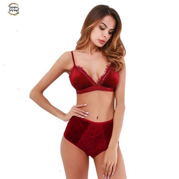 

fashion women velvet bralette underwear high waist panties soft trim lingerie set push up brassiere bra set t7, Red;black