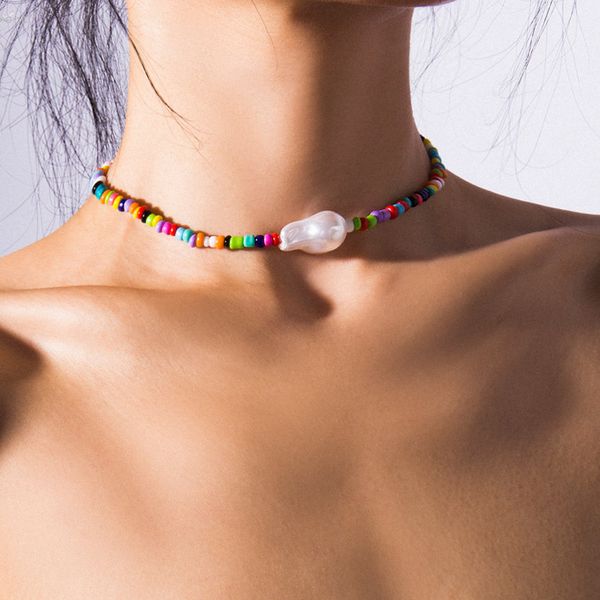 

aomu personality colorful bead handmade beading irregular pearl single layer mash up necklace for women boho jewelry, Golden;silver