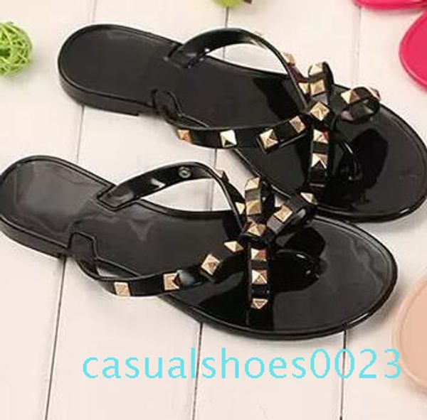 

new 2018 woman summer sandals rivets big bowknot flip flops beach sandalias femininas flat jelly designers sandals c23, Black