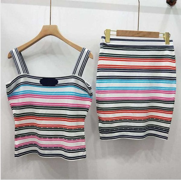 

women brand dress condole belt sleeveless luxury shirt + skirts sets suit strip lines jacquard weave camisole skirs, White