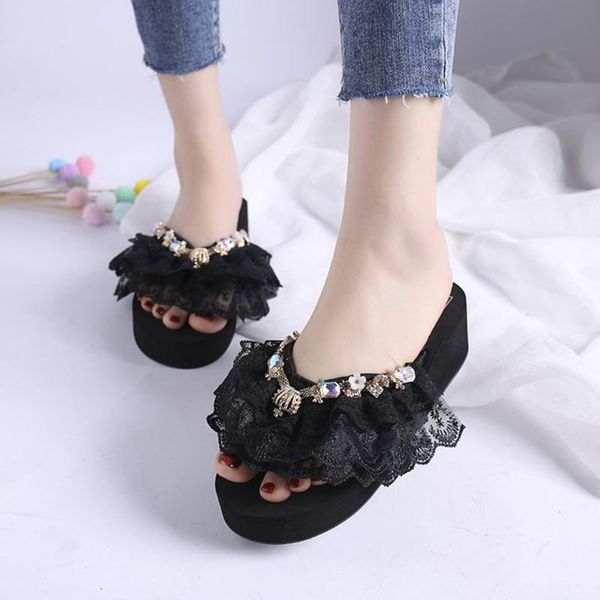 

sagace shoes woman lace rhinestones clip toe flip flops non-slip wedges platform slider beach shoes slippers women summer 2020ap, Black