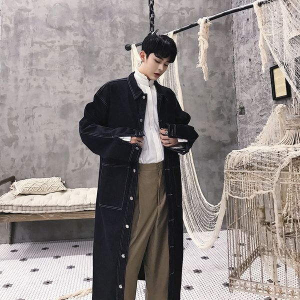

loose large size single-breasted lapel long denim jacket male drop shoulder windbreaker trench coat men harujuku, Tan;black