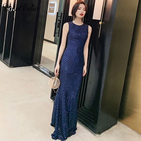 

elegant o-neck sleeveless navy blue mermaid evening dresses 2019 plus size shiny sequined long evening formal gowns for women, White;black