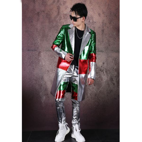 

men 2pcs suits sets (jacket+pant) male streetwear hip hop pu leather splice slim fit long blazers suit coat christmas costumes, White;black