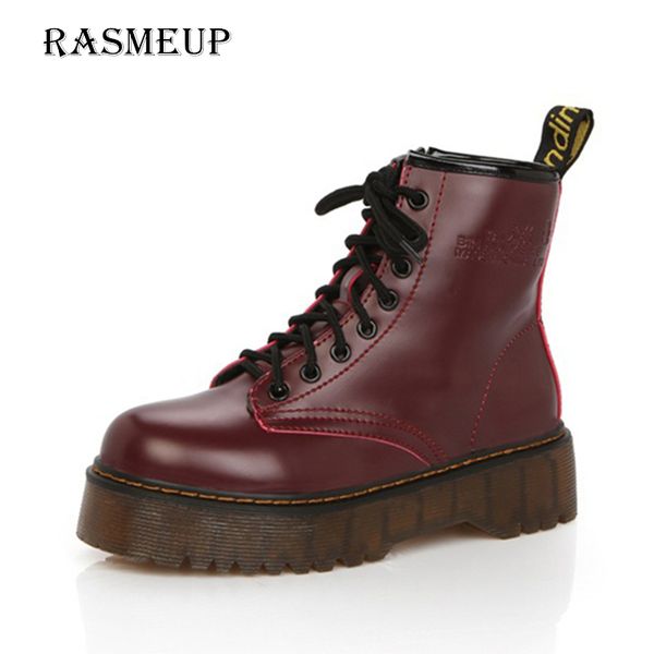 

rasmeup leather women's boots 2018 autumn thick sole lace up zipper women ankle boots casual comfort woman platform shoes, Black