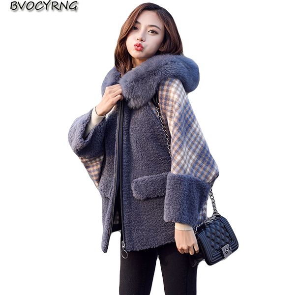 

plaid short coat for womens 2019 autumn winter lambswool woolen parka fashion bat sleeved warm jacket female casual a1108, Black