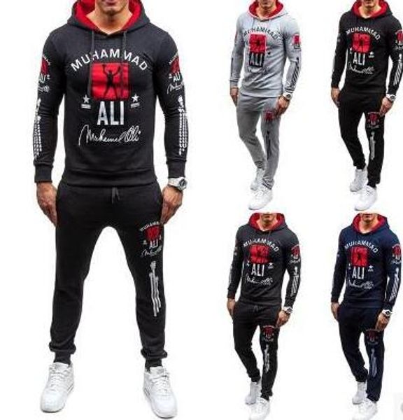 

2pcs/set mens sportswear fitness tracksuit jogging pullover hoodie hooded +sweatpants gym sports running suit, White;black