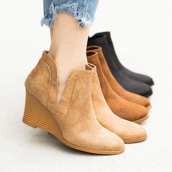 

heflashor autumn ankle boots for women classic pu leather boots winter suede slip-on women shoes 2019 fashion, Black