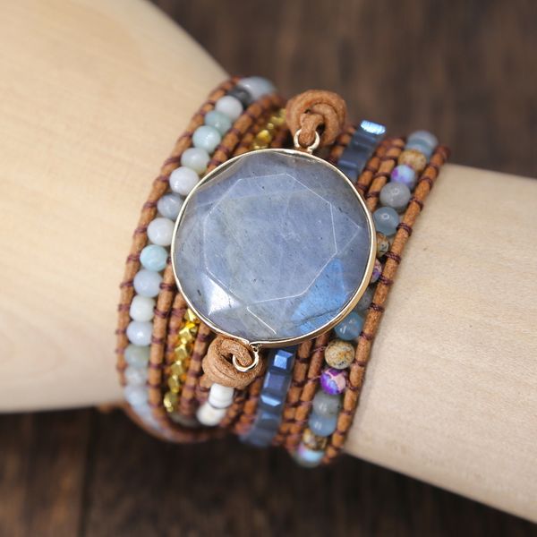 

2019 labradorite stone leather bracelet mix stones beads women fashion 5 layers wrap bracelet boho jewelry dropshipping, Golden;silver