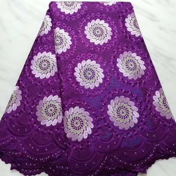 5 yards/pc di alta qualità viola tessuto di cotone africano fiore bianco ricamo voile svizzero pizzo secco per i vestiti bc962