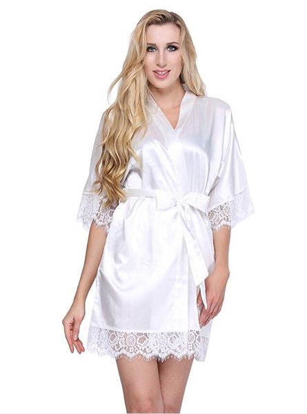 

wedding dressing gown women short satin bride robe lace silk kimono bathrobe summer bridesmaid nightwear plus size peignoir, Black;red