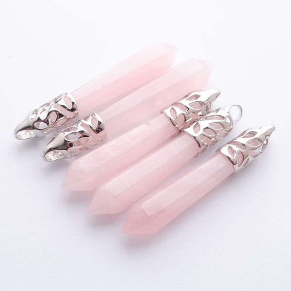 

wojiaer natural rose quartz gem stone hexagonal pointed reiki chakra pendant bead 5pcs charm jewelry dn3002, Silver