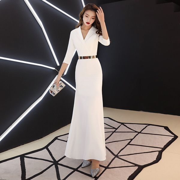 

half sleeves elastic satin sheath evening dresses with gold sash 2019 v neck long evening prom gowns red ivory burgundy, Black;red