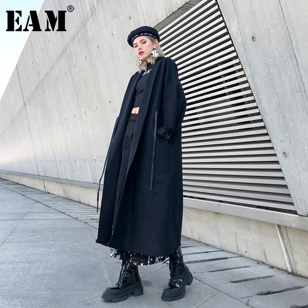 

eam] loose fit black brief big size long woolen coat parkas new long sleeve women fashion tide autumn winter 2019 1h891