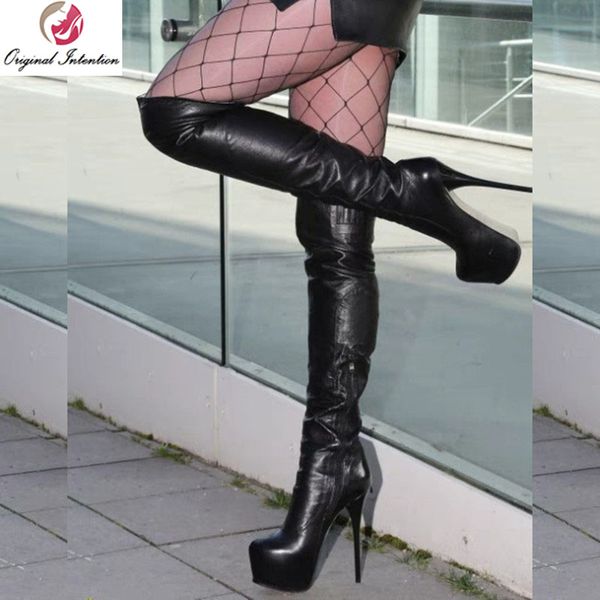 

original intention women knee high boots zipper platform round toe thin high heels boots black shoes woman plus size 4-20