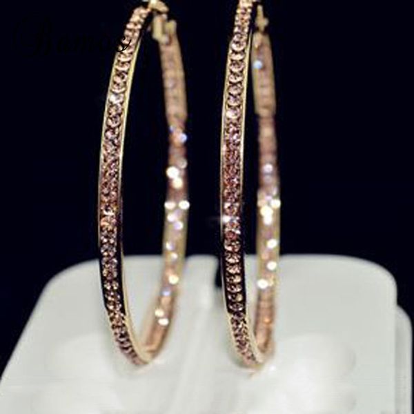 

bamos glitter rhinestone hoop earrings for women luxury gold color big circle earrings trendy geometric jewelry gift, Golden;silver