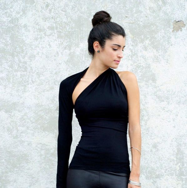 

womens designer womens designer solid color single shoulder t-shirt top, White