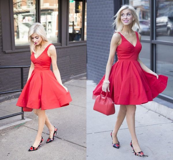 

простые красные атласные короткие платья возвращения на родину v-образным вырезом без рукавов спинки короткие вечерние платья дешевые модные, Black