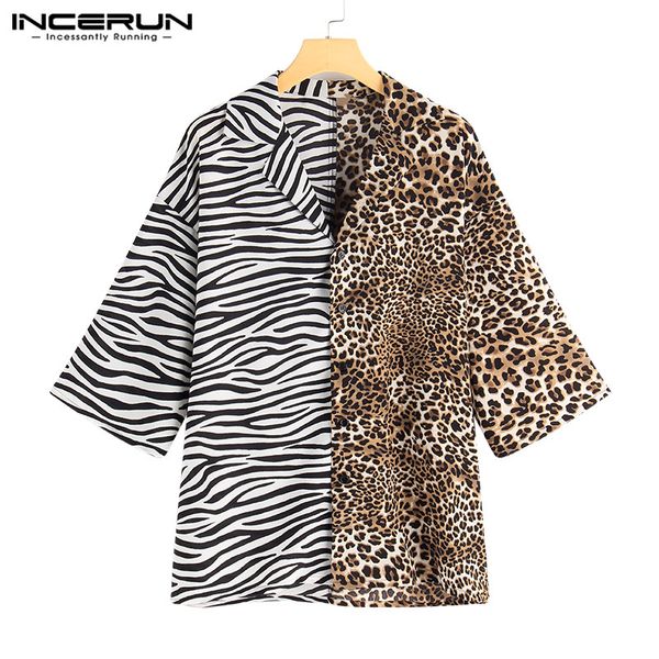 

incerun new fashion short sleeve animal leopard printed shirt men lapel neck cool patchwork streetwear shirt men 2019 s-5xl, White;black